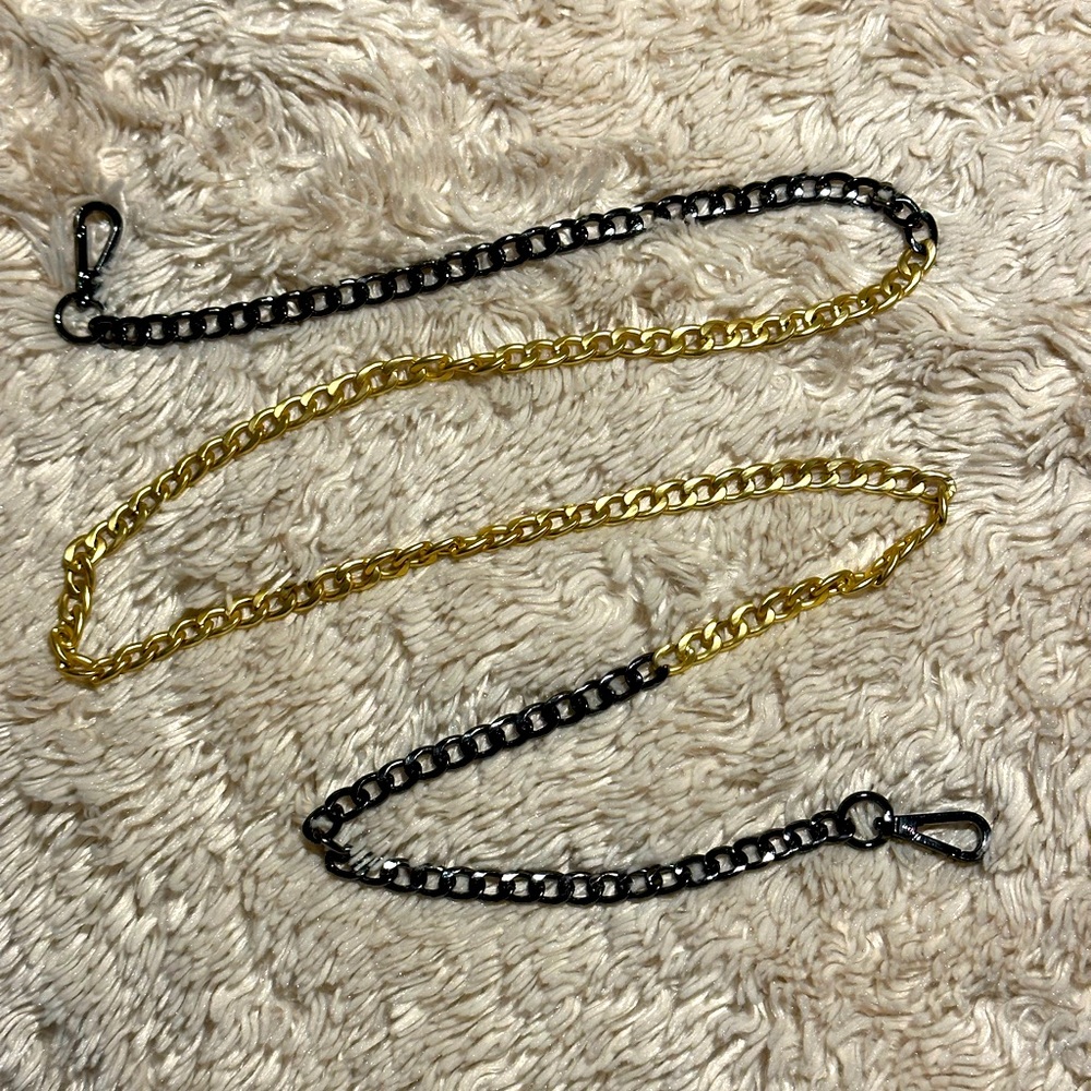 Think Royln metal chain strap in Gunmetal/Gold. Crossbody chain is approx 49.5”.